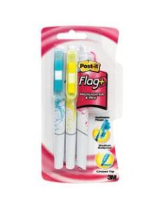 Post-it Flag Pen/Highlighters, Chisel Point, 0.7 mm, Black Barrel, Assorted Ink Colors, Pack Of 3