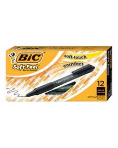 BIC Soft Feel Retractable Ballpoint Pens, Fine Point, 0.8 mm, Black Barrel, Black Ink, Box Of 12 Pens