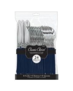 Amscan Premium Plastic Cutlery Sets, True Navy/Silver, 24 Pieces Per Set, Pack Of 3 Sets