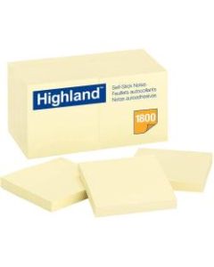 Highland Self-Sticking Notepads - 1800 - 3in x 3in - Square - 100 Sheets per Pad - Unruled - Yellow - Paper - Removable - 18 / Pack