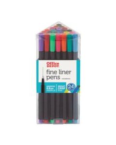 Office Depot Brand Fine Liner Porous-Point Pens, Medium Needle Point, 0.8 mm, Black Barrels, Assorted Ink Colors, Pack Of 24
