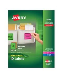 Avery Removable Laser/Inkjet Organization Labels, AVE6482, 3 1/3in x 4in, Assorted Colors, Pack Of 72