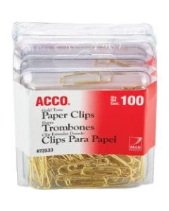 ACCO Gold Tone Paper Clips, Regular No. 2, 10-Sheet Capacity, Gold, 100 Paper Clips Per Box, Pack Of 4 Boxes