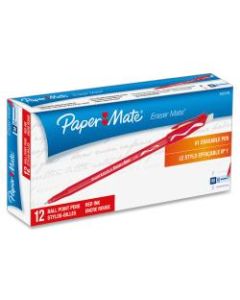 Paper Mate Erasermate Ballpoint Pens, Medium Point, 1.0 mm, Red Barrel, Red Ink, Pack Of 12 Pens