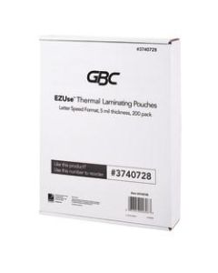 GBC EZUse Thermal Laminating Speed Pouches, 5 mils, 8 1/2in x 11in, Clear, Pack Of 200, 3740728