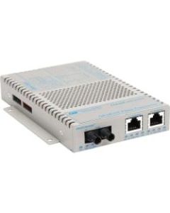 OmniConverter 10/100/1000 PoE+ Gigabit Ethernet Fiber Media Converter Switch RJ45 ST Single-Mode 12km Wide Temp - 2 x 10/100/1000BASE-T; 1 x 1000BASE-LX; US AC Powered; Lifetime Warranty