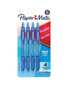 Paper Mate Profile Retractable Ballpoint Pens, Bold Point, 1.4 mm, Translucent Barrel, Blue Ink, Pack Of 4