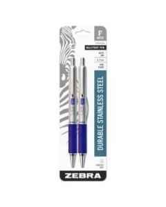 Zebra F-402 Stainless Steel Retractable Ballpoint Pens, Fine Point, 0.7 mm, Assorted Barrels, Blue Ink, Pack Of 2