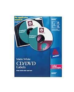 Avery CD/DVD Labels, Permanent, 6692, Matte White, Pack Of 30