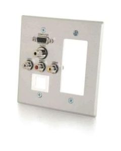 C2G VGA, 3.5mm Audio, Composite Video and RCA Stereo Audio Pass Through Double Gang Wall Plate with One Decorative Style Cutout and One Keystone - Brushed Aluminum - 2-gang - Brushed Aluminum - 1 x Mini-phone Port(s) - 2 x RCA Port(s) - 1 x VGA Port(s)
