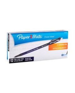 Paper Mate Erasermate Ballpoint Pens, Medium Point, Black Barrel, Black Ink, Pack Of 12 Pens