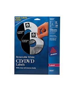 Avery CD/DVD Labels, Removable, 5931, White, Pack Of 50