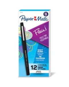 Paper Mate Flair Porous-Point Pens, Medium Point, 0.7 mm, Black Barrel, Black Ink, Pack Of 12 Pens