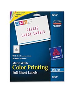 Avery Inkjet Permanent Full-Sheet Labels For Color Printing, 8255, 8 1/2in x 11in, White, Pack Of 20