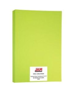 JAM Paper Cover Card Stock, 11in x 17in, 65 Lb, 30% Recycled, Lime Green, Pack Of 50 Sheets