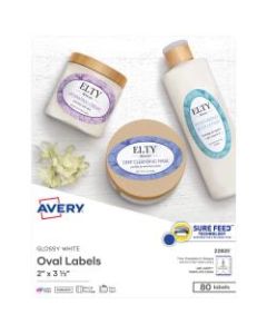 Avery Easy Peel Print-To-The-Edge Permanent Inkjet/Laser Oval Labels, 22820, 2in x 3 1/3in, Glossy White, Pack Of 80