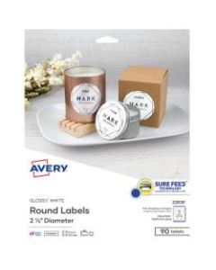 Avery Easy Peel TrueBlock Print-To-The-Edge Inkjet/Laser Labels, Round, 22830, 2 1/2in Diameter, Glossy White, Pack Of 90