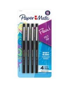 Paper Mate Flair Porous-Point Pens, Medium Point, 0.7 mm, Black Barrel, Black Ink, Pack Of 4