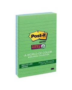 Post-it Super Sticky Notes, Recycled, 4in x 6in, Bora Bora, Lined, Pack Of 3 Pads