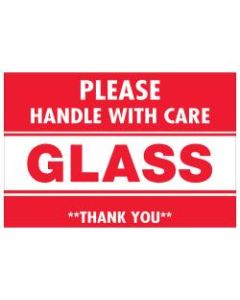 Tape Logic Preprinted Labels, DL2164, Glass - Handle With Care, Rectangle, 2in x 3in, Red/White, Roll Of 500