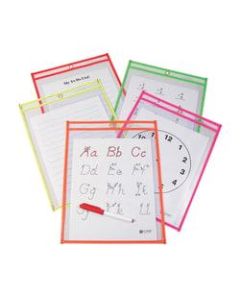 C Line Reusable Dry-Erase Pockets, 9in x 12in, Neon Assorted Colors, Pack Of 10