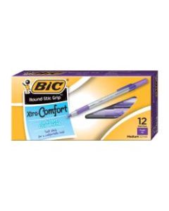 BIC Round Stic Grip Xtra-Comfort Ballpoint Pens, Medium Point, 1.2 mm, Gray Barrel, Purple Ink, Pack Of 12