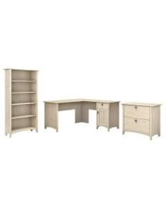 Bush Furniture Salinas 60inW L Shaped Desk With Lateral File Cabinet And 5 Shelf Bookcase, Antique White, Standard Delivery
