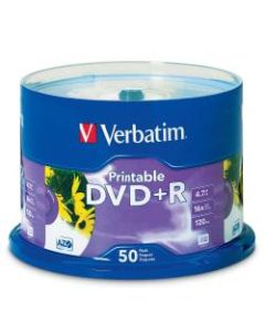 Verbatim 95136 Inkjet Printable DVD+R Disc Spindle, White, Pack Of 50