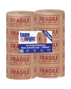 Tape Logic Preprinted Reinforced Water-Activated Tape, Fragile, 3in Core, 3in x 150 Yd., Kraft, Case Of 10
