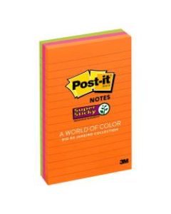 Post-it Super Sticky Notes, 4in x 6in, Rio de Janeiro, Lined, Pack Of 3 Pads