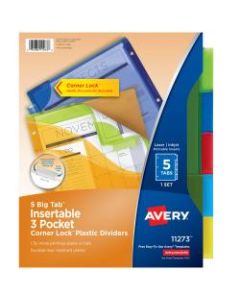 Avery Big Tab 3-Pocket Insertable Corner Lock Plastic Dividers, 5-Tab, 9 1/4in x 11 1/8in, Multicolor