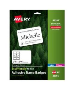 Avery EcoFriendly 100% Recycled Name Badges, 2 1/3in x 3 3/8in, White, Pack Of 80
