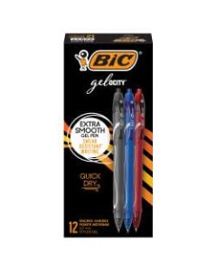 BIC Gel-ocity Quick Dry Retractable Gel Pens, Medium Point, 0.7 mm, Black/Blue/Red Barrels, Black/Blue/Red Inks, Pack Of 12