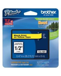 Brother TZe-631 Black-On-Yellow Tape, 0.5in x 26.2ft