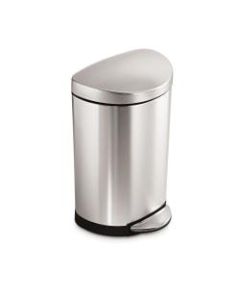 simplehuman Semi-Round Metal Fingerprint-Proof Step Trash Can, 2.6 Gallons, 17-1/2inH x 11-1/5inW x 10-3/5inD, Brushed Stainless Steel