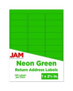 JAM Paper Mailing Address Labels, 1in x 2-5/8in, Neon Green, 30 Labels Per Sheet, Pack Of 4 Sheets