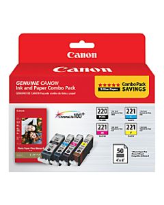Canon PGI-220/CLI-221 ChromaLife 100+ Black/Color Ink Cartridges And PP-201 Photo Paper, Combo Pack Of 4 Cartridges And 50 Sheets (2945B011)