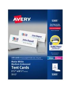 Avery Inkjet/Laser Tent Cards, Embossed, 2 1/2in x 8 1/2in, FSC Certified, White, Box Of 100
