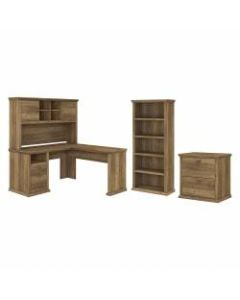 Bush Furniture Yorktown 60inW L-Shaped Desk With Hutch, Lateral File Cabinet And 5-Shelf Bookcase, Reclaimed Pine, Standard Delivery