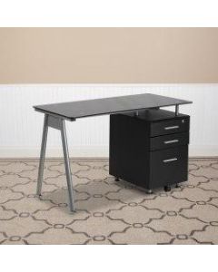 Flash Furniture Glass Computer Desk With 3- Drawer Pedestal, Black/Clear