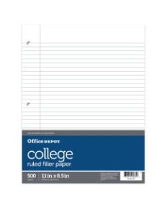 Office Depot Brand Ruled Filler Paper, 8 1/2in x 11in, 3-Hole Punched, 16 Lb, College Ruled With Margin, Ream Of 500 Sheets