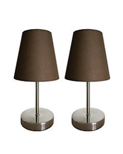 Simple Designs Mini Basic Table Lamps, 10inH, Brown Shade/Sand Nickel Base, Set Of 2