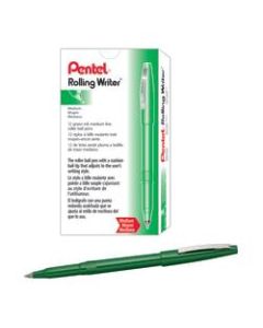 Pentel Rolling Writer Pens, Medium Point, 0.8 mm, Green Barrel, Green Ink, Pack Of 12 Pens