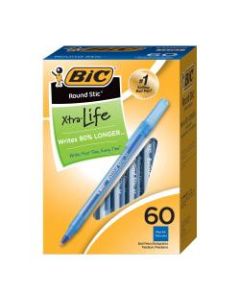 BIC Round Stic Ballpoint Pens, Medium Point, 1.0 mm, Translucent Barrel, Blue Ink, Box Of 60