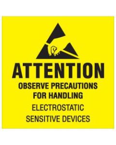 Tape Logic Preprinted Shipping Labels, DL1369, Attention ? Observe Precautions, Square, 2in x 2in, Fluorescent Yellow/Black, Roll Of 500