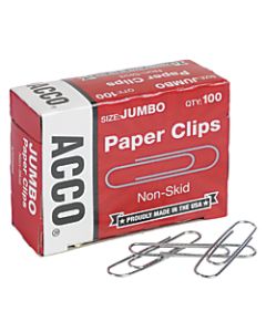 ACCO Economy Jumbo Paper Clips, Non-skid Finish, Jumbo Size 1-7/8in, 100 Clips Per Box, Pack of 10 Boxes (1,000 Clips total)