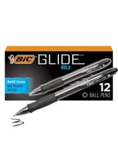 BIC Glide Bold Ballpoint Pens, Bold Point, 1.6 mm, Translucent Barrel, Black Ink, Pack Of 12 Pens