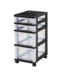 Iris Plastic 4-Drawer Rolling Storage Cart, 26 7/16inH x 12 1/8inW x 14 15/16inD, Clear/Black