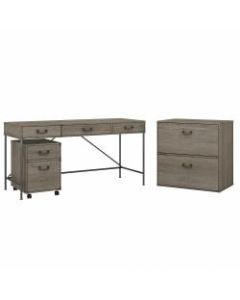 kathy ireland Home by Bush Furniture Ironworks 60inW Writing Desk With File Cabinets, Restored Gray, Standard Delivery