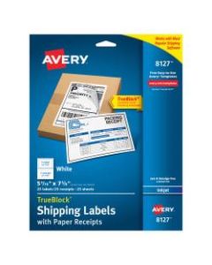 Avery TrueBlock Permanent Inkjet Shipping Labels, With Paper Receipts, 8127, 5 1/16in x 7 5/8in, White, Pack Of 25